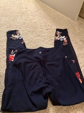 Athleta Navy Leggings with Floral Side Panels